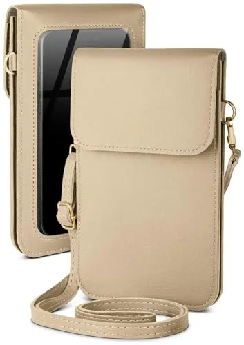 moex Handytasche zum Umhängen für Telekom T Phone 2 – Kleine Handtasche mit Handyfach und Sichtfenster, 2 zusätzliche Fächer - Handy Umhängetasche Damen, Sandbeige