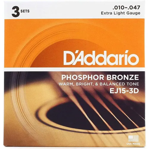D'Addario EJ15-3D Westerngitarren Saiten .010-047 - Hochwertige 6-saitige Gitarrensaiten aus Phosphorbronze, ideal für akustische Westerngitarren. Bieten einen warmen Klang und sind perfekt für den täglichen Einsatz.