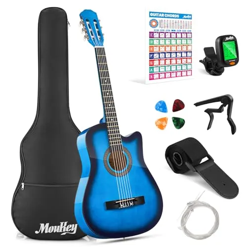 Moukey Akustikgitarre für Anfänger, Kinder, Jugendliche, Erwachsene, Cutaway-Gitarre, Acustica-Kit mit Akkord-Poster, Gigbag, Stimmgerät, Plektren, Nylonsaiten, Kapodaster, Gurt, Blau