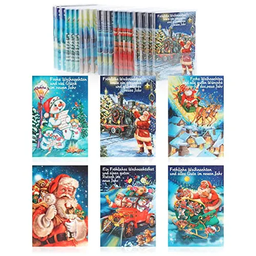 com-four® 100x Grußkarte für Weihnachten - Festtagskarten mit 6 weihnachtlichen Motiven - festliche Klapp-Karten mit Briefumschlägen - Weihnachtskarten - Festgruß (100 Stück - Schneemann/Santa)