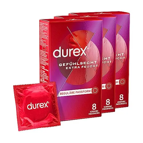 Durex Gefühlsecht Extra Feucht Kondome – 24er Pack mit anatomischer Easy-On-Form - Kondome für Männer, dünn und extra feucht mit viel Silikongleitgel für ein intensives Gefühl und hervorragende Gleitfähigkeit.