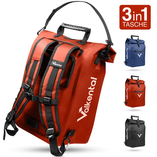 Valkental® 3in1 Fahrradtasche [Bis 25L] - Das Original - Fahrradtaschen, multifunktional als Gepäckträgertasche, Rucksack und Umhängetasche; 100% wasserdicht und mit Reflektoren für maximale Sicherheit im Straßenverkehr.