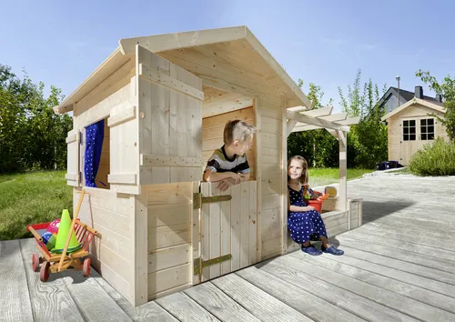 Weka Spielhaus Drachenhöhle Tabaluga - Spielhaus für Kinder mit Sandkasten und Pergola, ideal für kreative Spielstunden im Freien. Das naturbelassene Holz lässt sich individuell gestalten und sorgt für sicheren Spielspaß.