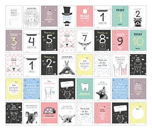 Baby Meilenstein-Karten für das 1. Lebensjahr für Mädchen und Junge. Baby Milestone Cards deutsch, zur Erinnerung der Entwicklung der ersten ... Geburt, Schwangerschaft, Taufe oder Baby Shower 40