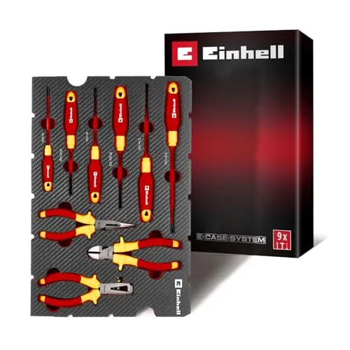 EINHELL E-Case VDE Elektriker-Werkzeugset 9-teilig - Praktisches 9-teiliges Werkzeugset für Elektroinstallationen, mit isolierten Werkzeugen bis 1.000 Volt. Ergonomische Griffe und passgenaues EVA-Pad für sicheren Transport und optimale Ordnung.