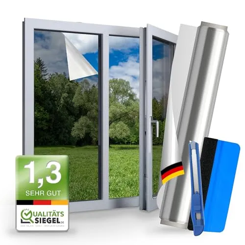WindowShield Sonnenschutz-Fensterfolie - Zubehör für Fenster: Selbstklebende, silberne Folie mit UV-Schutz, ideal für glatte Glasflächen, sorgt für angenehme Kühlung und Privatsphäre.