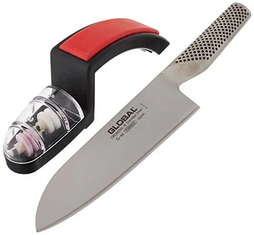 GLOBAL Messer-Set Starter Set: Santoku + Handschleifer (2-tlg) - Messerset für präzises Schneiden: Das 18 cm Santoku-Messer aus rostfreiem Chromova 18 Stahl kombiniert mit dem handlichen MinoSharp Messerschärfer für müheloses Schärfen in der Küche.