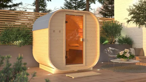Karibu Fasssauna Quadro 1 - Sauna für 2 Personen, aus naturbelassener Nordischer Fichte, mit elegantem Tonnendach und Ganzglastür für ein modernes Saunaerlebnis im Freien.