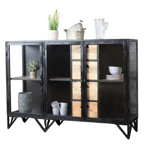 baario Sideboard BARBAR Metall Glas, schwarz Industrial Style - Stylisches Sideboard im Industrial Style, kombiniert robustes Eisen mit naturbelassenem Massivholz. Bietet großzügigen Stauraum und wird zum Blickfang in jedem Raum.