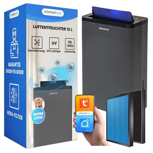 Climative DH-12 Nexi ION 2in1 Luftentfeuchter & Luftreiniger - Schwarz - Effizienter 2in1 Luftentfeuchter und Luftreiniger für Räume bis 20 m². Mit 12 l/24 h Entfeuchtung, HEPA-Filter und Wi-Fi-Steuerung für ein optimales Raumklima. Leise im Betrieb (39 dB) und mobil durch Rollen.