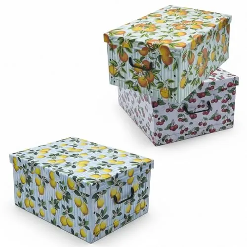 Spetebo 3er Set Aufbewahrungsbox mit Deckel 51 x 37 cm - Früchte - Stapelbox aus Pappe mit Griffen 45 Liter - Organizer Storage Box Allzweck Spielzeug Kiste Geschenk Karton stapelbar