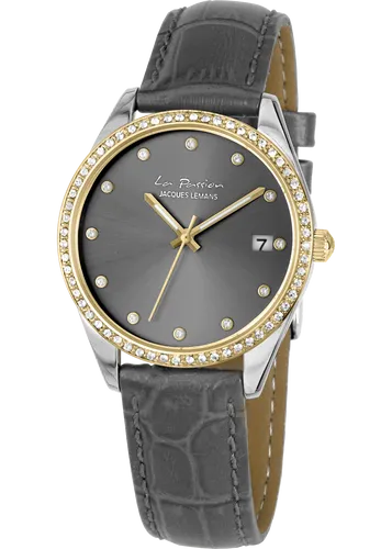 Jacques Lemans La Passion LP-133C Damenuhr 35mm - Elegante Damenuhr mit bicolor Gehäuse aus Edelstahl und grauem Lederarmband. Wasserdicht bis 10 ATM, ideal für den täglichen Gebrauch. Stilvolles Design mit Swarovski-Besatz.