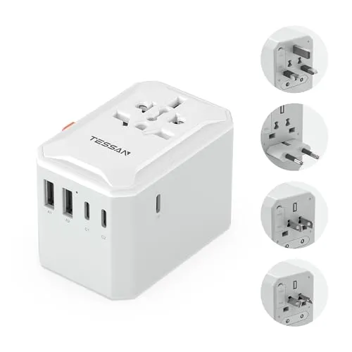 TESSAN Reiseadapter mit USB C & USB A – Universeller Reisestecker für weltweit 2500 W - Praktischer Reiseadapter mit 3 USB C und 2 USB A Anschlüssen. Ideal für internationale Reisen in über 150 Länder. Kompakt, sicher und ermöglicht das gleichzeitige Laden von 6 Geräten.