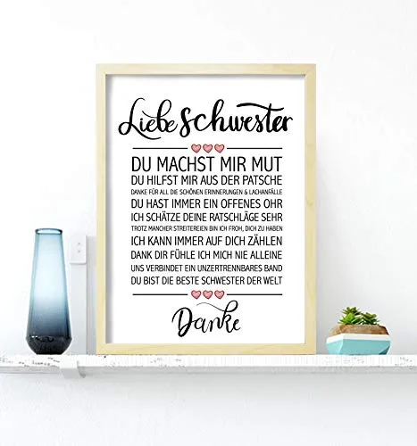 Close Up Beste Schwester - Danke Zitate Poster - Deko Geschenk zum Geburtstag, Weihnachten, jeden Tag - 30 x 40 cm, Premium Qualität - mit Kieferrahmen