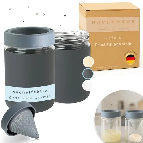 HAVENHAUS Fruchtfliegenfalle dunkelgrau wiederverwendbar 2er Set | Obstfliegenfalle für Küche | Fruchtfliegen dauerhaft loswerden | Fruit Fly Trap | Lebendfalle Fliegenfalle gegen Fruchtfliegen