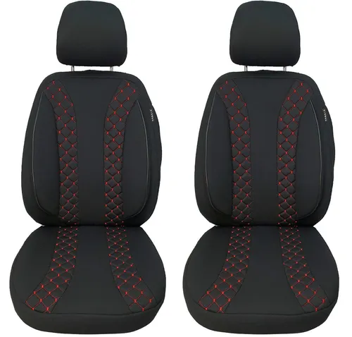 BREMER SITZBEZÜGE Autositzbezug für VW Tiguan 2 (2006-2022) - 2-teiliges Set aus pflegeleichtem Mikrofaser-Velours in Schwarz mit roter Naht, idealer Schutz für Fahrer- und Beifahrersitz, passend für Fahrzeuge mit und ohne Sitzheizung.