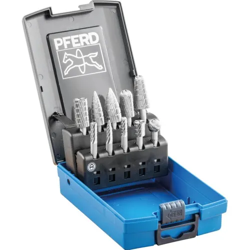 PFERD Fräser 82 Z3, 10-teiliges HSS Frässtifte Set für Metall - Frässtifte Set in Kunststoffkassette, ideal für die Zerspanung von Stahl und Gusseisen, vielseitig einsetzbar für Entgraten, Ausfräsen und Schweißnahtbearbeitung.