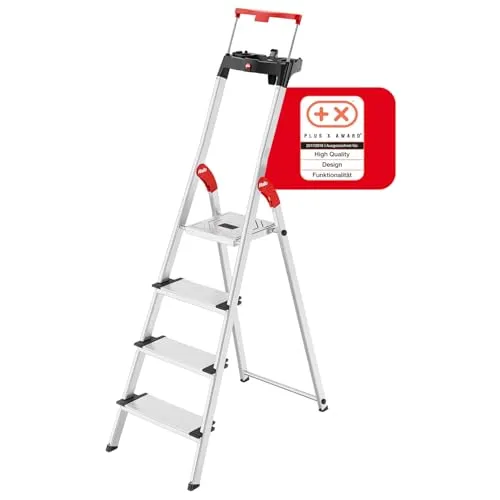 Hailo L85 ComfortLine Alu-Sicherheits-Stehleiter - Stehleiter mit 4 XXL-Stufen belastbar bis 150 kg, bietet stabile Aluminiumholme, rutschfeste Stufen und eine Ablageschale für mehr Sicherheit und Komfort beim Arbeiten.