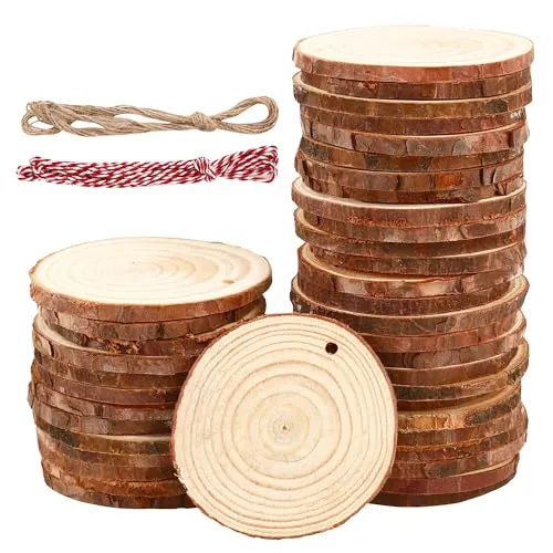 Stück Holzscheiben 7-8 cm,Rund Holzscheiben zum Basteln mit zwei Baumwollschnüren,Holzscheibe aus Holz mit Löchern,Baumscheiben Unvollendete,für Heimwerken,Basteln,Hochzeiten,Feiertagsdekorationen 40