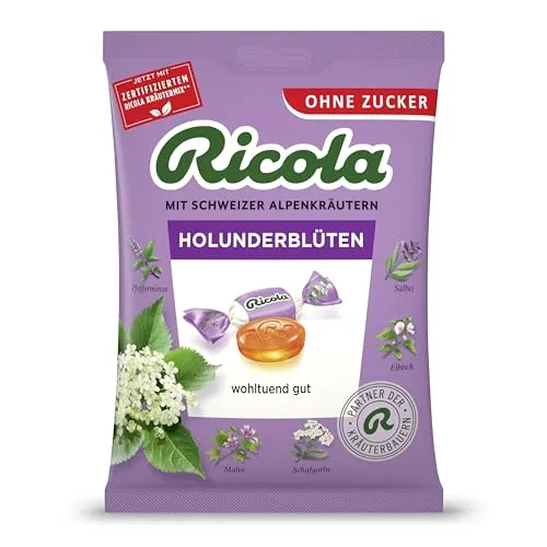 Ricola Holunderblüten, 75g Beutel Original Schweizer Kräuter-Bonbons mit 13 Alpenkräutern & fruchtig-frischer Holunderblüte, zuckerfrei, 1 x 75g, vegan