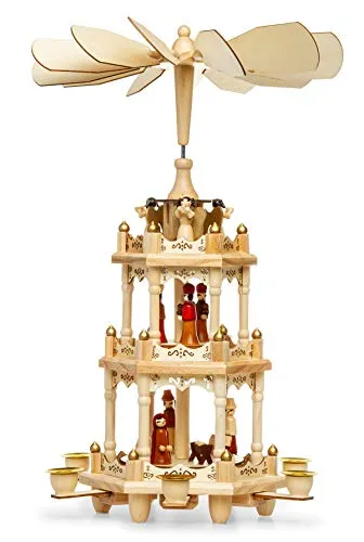 Sikora P3 Klassische Holz Weihnachtspyramide - Weihnachtlicher Zierschmuck mit 3 Etagen, ca. 45 cm hoch, ideal für stimmungsvolle Weihnachtsdekoration und handbemalte Figuren, für 6 Wachs Kerzen (nicht im Lieferumfang enthalten)