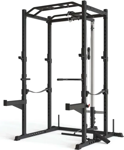 ATLETICA R5-Combat Power Rack | Vollausgestattete Kraftstation für Zuhause - Kraftstation für effektives Ganzkörpertraining mit Latzug, Pull-Up und Dip Bar. Massive Multigripbar und robuster Latzug für vielseitige Übungen.