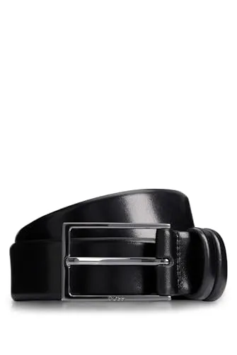 BOSS Herren Gürtel Carmello, Schwarz, 85 - Herren-Gürtel mit Logo-Gravur auf dem Verschluss, elegantes Design in glänzendem Blaugrau, ideal für stilbewusste Männer.