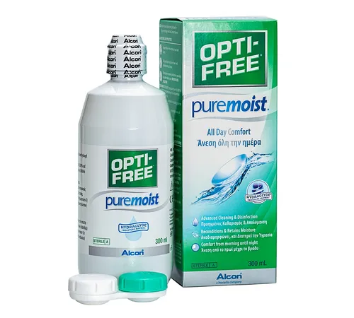 OPTI-FREE PureMoist 2x300ml plus 90ml - Kontaktlinsenpflegemittel mit Wasserstoffperoxidbasis für optimale Feuchtigkeit und Komfort, ideal für empfindliche Augen.
