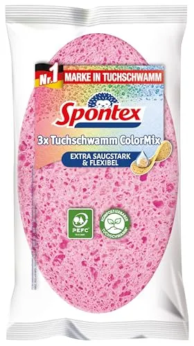 Spontex Tuchschwamm ColorMix, 3 Stück - Extra saugstark & reißfest - Topfreiniger & -schwämme - Flexibler und langlebiger Tuchschwamm in Pink, Grün & Gelb, perfekt für eine gründliche Reinigung dank hoher Schmutzaufnahme.