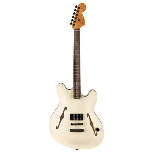 Fender Tom Delonge Starcaster Satin Olympic White E-Gitarre - E-Gitarre mit Semi-Hollow Korpus, handgefertigtem SH-5 Duncan Custom Humbucker für den typischen Blink-182 Sound und einzigartigen Artworks von Tom DeLonge.