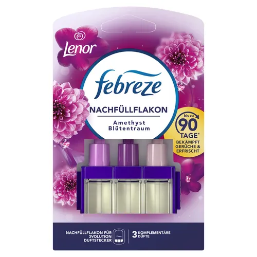 Febreze 3Volution Duftstecker Nachfüllflakon Lenor Amethyst - 20 ml Nachfüllflakon für den Febreze 3Volution Duftstecker. Bietet langanhaltende Frische mit einem Wechsel zwischen 3 harmonischen Düften. Ideal zur dauerhaften Geruchsbeseitigung.