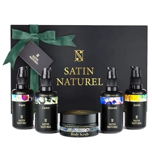 Satin Naturel Verwöhnendes Geschenkset mit Bio Ölen - Luxus-Körperpflegeset mit 5 hochwertigen Bio-Ölen und Body Scrub aus Totes Meer Salz, ideal für seidig-weiche Haut und gesundes Haar. Perfekt verpackt als Geschenk für Frauen!