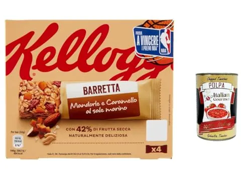 3x Barretta Kellogg’s Mandorle e Caramello al Sale Marino, Müsliriegel mit Mandeln und Meersalzkaramell 128g + Italian Gourmet polpa 400g