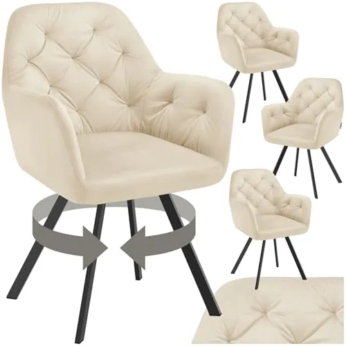 TecTake Drehbarer Samt-Armlehnstuhl Lucia - 4er Set in Creme - Stilvolles 4er Set drehbarer Samt-Armlehnstühle mit luxuriösem Steppmuster und extra dicker Polsterung für maximalen Komfort. Ideal für elegante Esszimmergestaltung.
