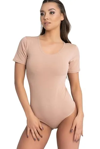 Evoni Damen Body kurzarm l Stringbody aus Baumwolle mit Rundhals l Kurzarmbody für Frauen l Tanga Bodysuit l String Body L hellbraun