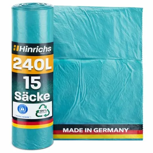 Hinrichs Müllsäcke 240L extra Stark - 15er Rolle - 100x125 cm - Extrem reißfeste Müllbeutel - Mülltüten aus Recycling LDPE - Blaue Säcke - Abfallsäcke für Garten, Haushalt & Baustelle