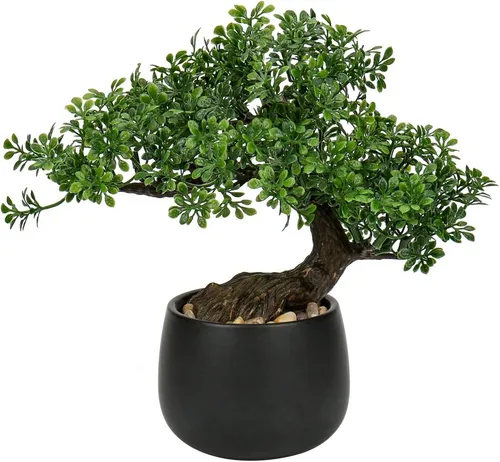 Kunstpflanze Bonsai Baum 25 cm im Keramiktopf - Dekorative Kunstpflanze Podocarpus in elegantem Schwarz, ideal für stilvolle Innenräume. Pflegeleicht und langlebig, bringt sie asiatisches Flair in Ihr Zuhause.