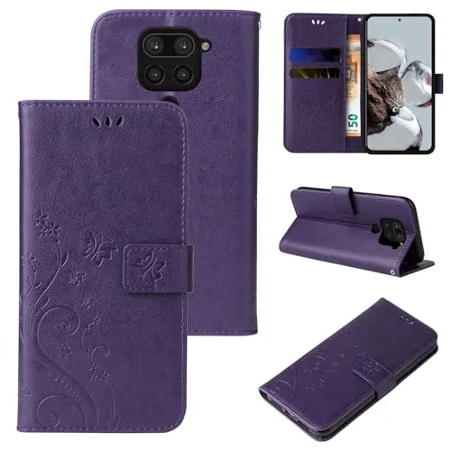 LBH Handy Hülle für Xiaomi Redmi Note 9 Case Handytasche Schmetterling Blumen Flower Standfunktion Schutzhülle Magnet Rundum Schutz 360 Grad Flipcase Cover Violett