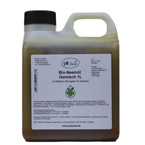 Sala BIO-Neemöl + Salamul Emulgator 1 L - Neemöl Gemisch, biologisch abbaubar und effektiv gegen Schädlinge im Garten.