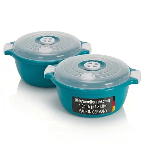 Lantelme Mikrowellenschüssel Set - 2 Stück 1,8L mit Dampfventil - Schüsselsets aus lebensmittelechtem Kunststoff, hitzebeständig und kälteresistent. Ideal für Mikrowelle, Kühlschrank und Gefriertruhe. Mit Dampfventil für schonendes Garen und ergonomischen Griffen für sichere Handhabung.