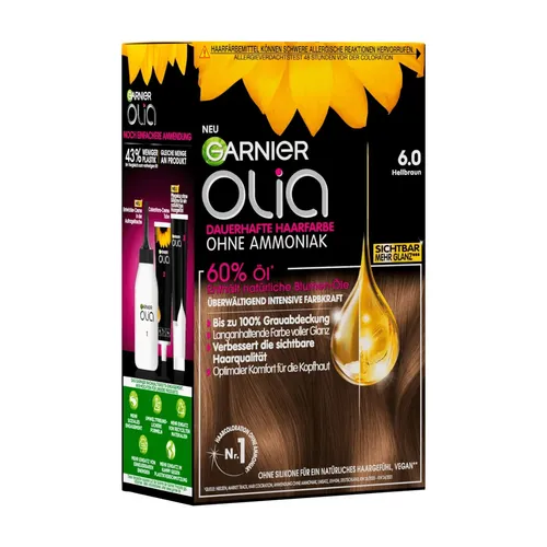Garnier Olia Haarfarbe Nr. 6.0 Hellbraun - Dauerhafte Haarfarbe ohne Ammoniak, für strahlende Farben und intensive Pflege. 60% natürliche Öle sorgen für glänzendes Haar und vollständige Grauhaarabdeckung bis zu 8 Wochen.