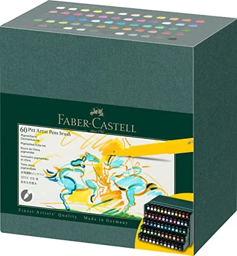 Faber-Castell 167193 - Tuschestifte Pitt Artist Pen Brush, 60er Atelierbox - Fineliner Set mit 60 pigmentierten, wasserfesten Tuschestiften für kreative Projekte. Ideal für Skizzen und Illustrationen dank flexibler Pinselspitze.