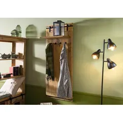 Wandgarderobe Mango RAILWAY 59x32x145 natur lackiert - Industriell inspirierte Wandgarderobe aus massivem Mangoholz mit 1 Hutablage und 4 Kleiderhaken. Ideal für einen stylischen Eingangsbereich – jetzt die gesamte RAILWAY-Serie entdecken!