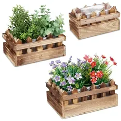 Relaxdays Holz Blumenkasten Zaunoptik 3er Set Braun,Transparent