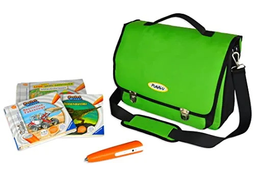 PUNALU TipToi Tasche, Tasche für TipToi Stift & TipToi Bücher, Büchertasche mit Platz für 2 Stifte und 11 Bücher, TipToi Starterset (grün)