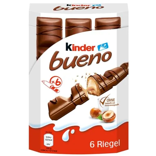 kinder bueno Schokoriegel 6 St. - Süßwaren – Genießen Sie die zarten Waffelpralinen mit cremiger Haselnussfüllung, umhüllt von feiner Milchschokolade. Ideal für süße Pausen und fröhliche Momente!