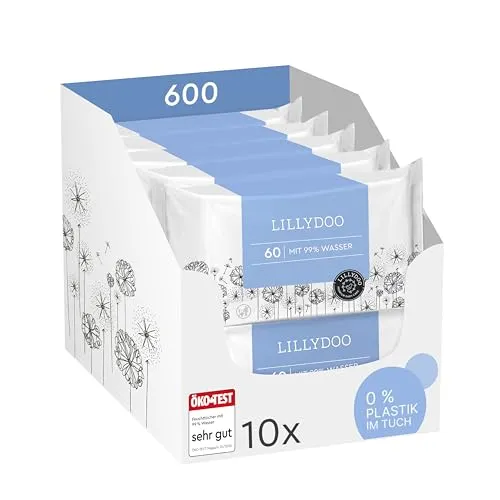 LILLYDOO Baby Feuchttücher mit 99% Wasser, 600 Stück (10 x 60), 100% plastikfreies Tuch, ohne Parfüme & mild wie Watte und Wasser