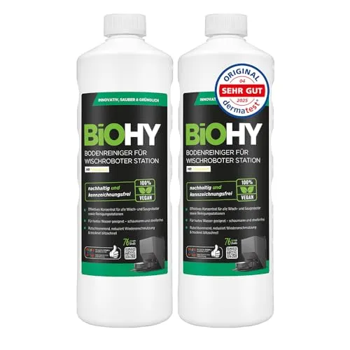 BiOHY Bodenreiniger für Wischroboter Station mit Frischeduft (2 x 1 liter) | Reinigungsmittel Konzentrat für alle Wisch & Saugroboter mit Nass-Funktion | Schaumarm & Streifenfrei | Für alle Böden