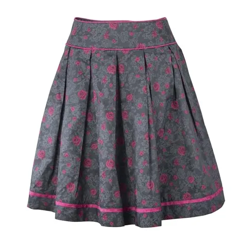 Ramona Lippert Trachtenrock Anne - Faltenrock in Dunkelgrau mit Pinkem Rosendruck - Röcke aus 100% Baumwolle, maschinenwaschbar und mit seitlichem Reißverschluss, ideal für einen eleganten Trachtenlook.