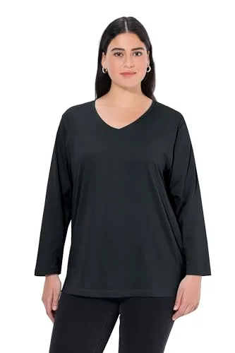 Ulla Popken Damen große Größen Übergrößen Plus Size Shirt, V-Ausschnitt, Relaxed, Langarm schwarz 62+ 725334100-62+